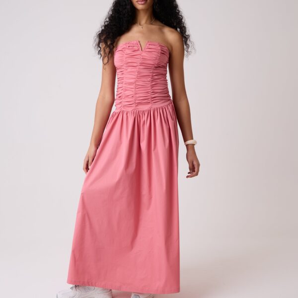 Shyla Pink Ruched Column Bardot Maxi Dress