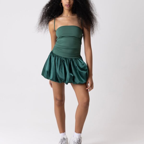 Alexa Emerald Green Satin Puffball Ultra Mini Dress