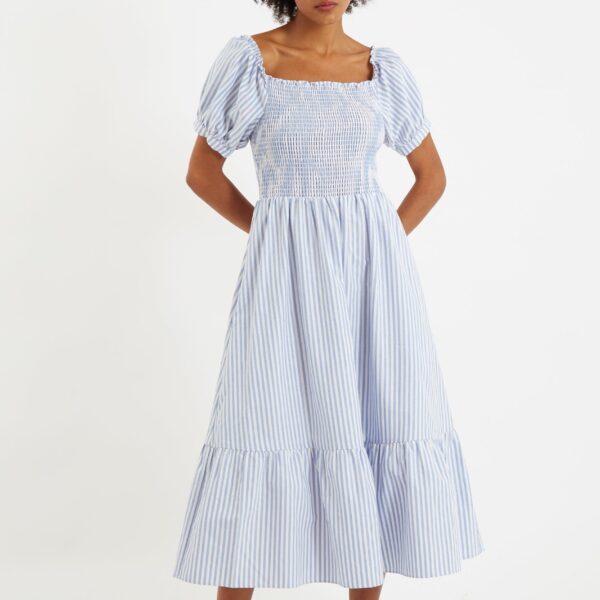 Babette Sail Stripe Shirred Bodice Midi Dress Blue
