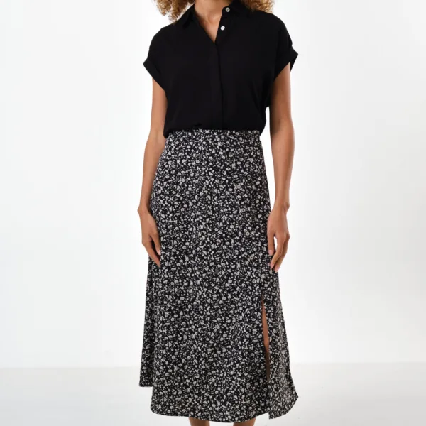 Barney Floral Print Midi Skirt in Black