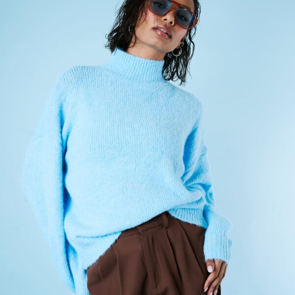 High Neck Knit Jumper Light Blue