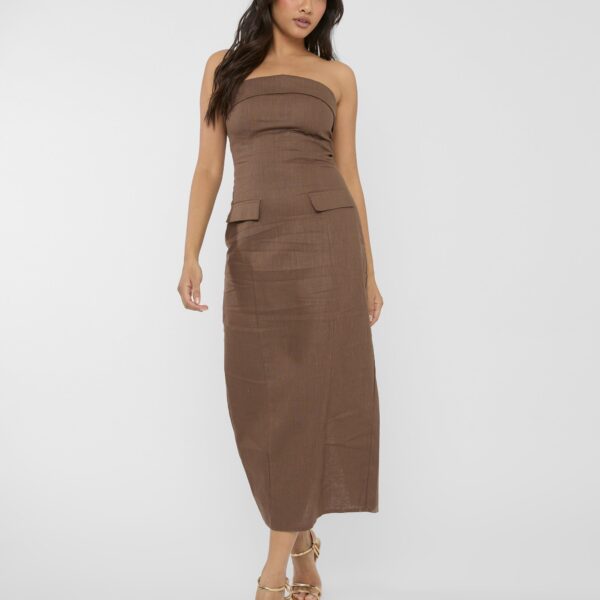 Linen Look Tailored Fold Over Bandeau Pocket Detail Midi Dress Chocolate