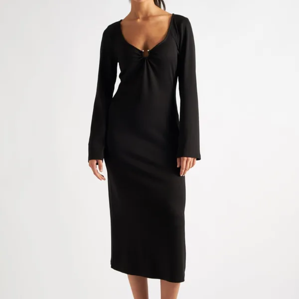 Charley Black Fine Rib Bodycon Midi Dress