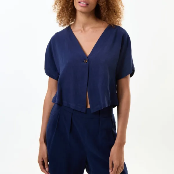 Cloe Linen Mix Waistcoat Top - Navy