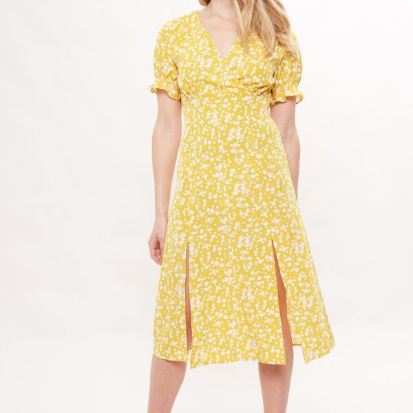 Corina Flower Dot Print Midi Tea Dress - Mustard