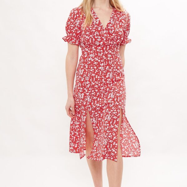 Corina Flower Dot Print Midi Tea Dress - Red