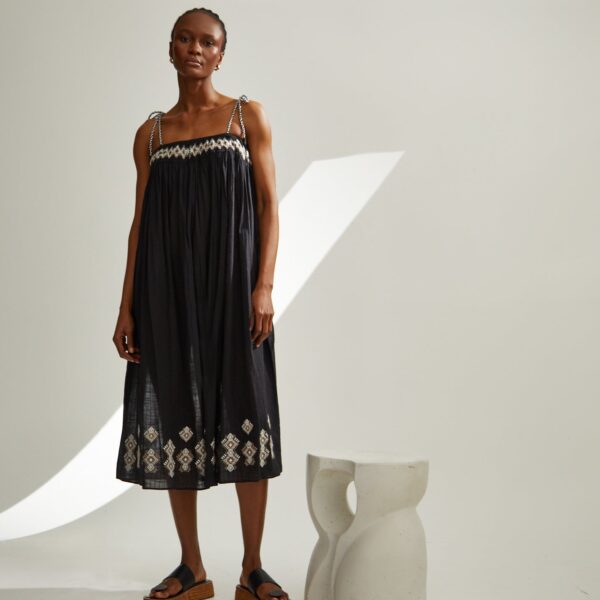 Theodora Spaghetti Strap Embroidered Midi Dress In Black