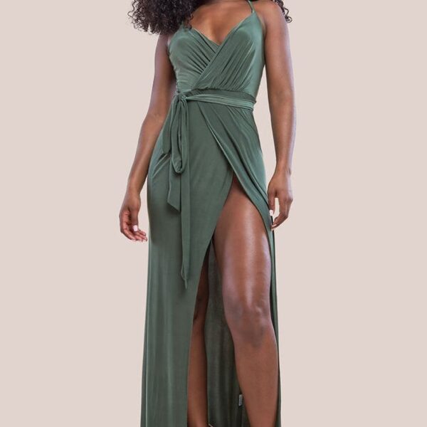 Wrap Front Maxi Slip Dress With Waist Tie-Up - Olive Green by City Goddess