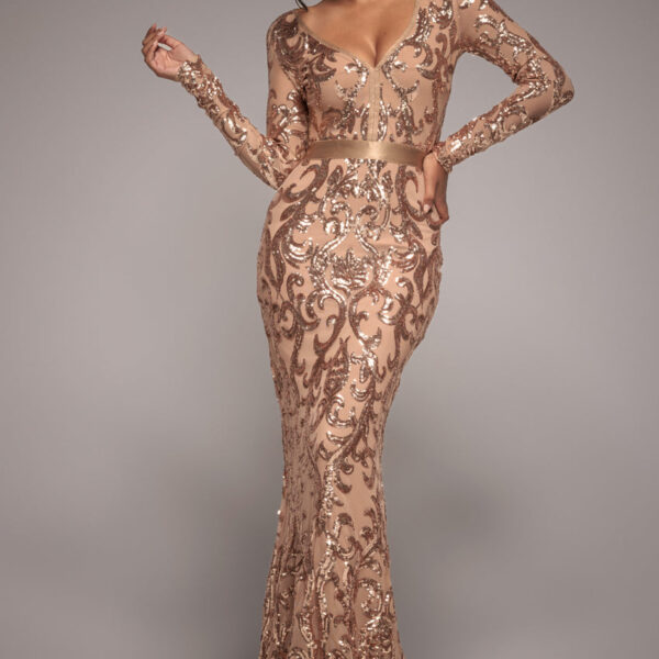 Embroidered Sequin & Mesh Maxi Dress - Champagne by Goddiva
