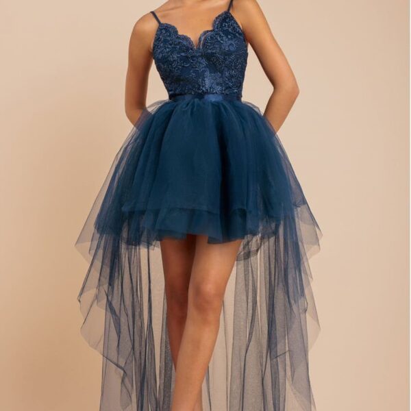 High Low Tulle Mini With Lace Bodice - Navy by Goddiva
