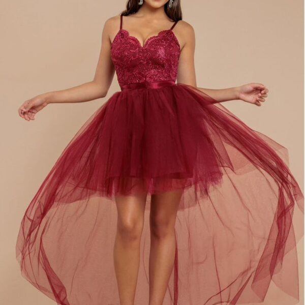 High Low Tulle Mini With Lace Bodice - Wine by Goddiva