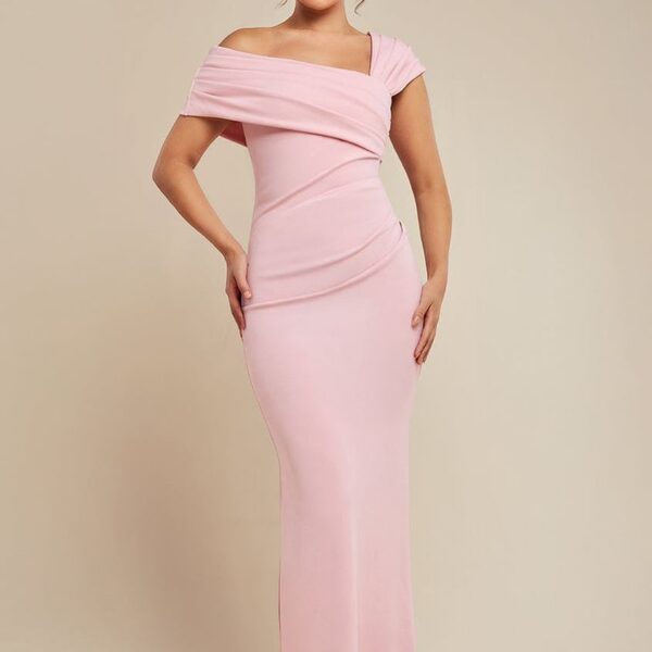 One Shoulder Scuba Crepe Evening Maxi Dress - Blush Pink by Goddiva