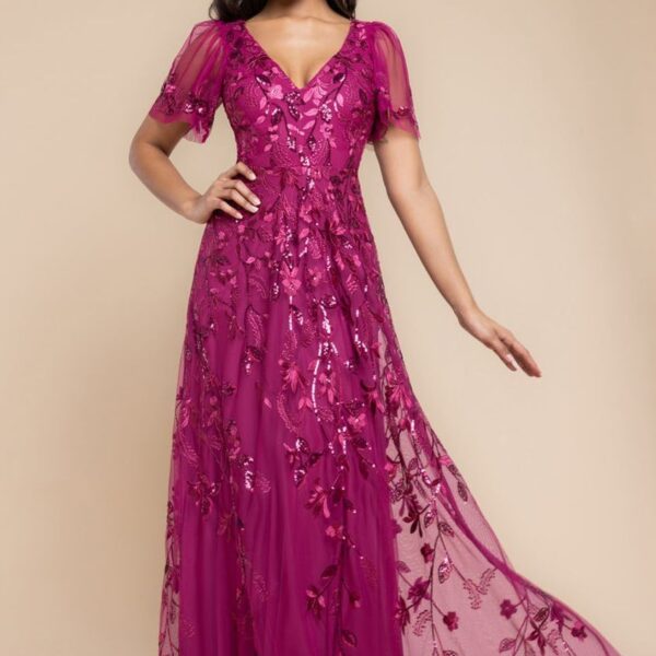 Flared Sleeve Embroidered Maxi Dress - Magenta by Goddiva