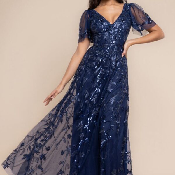 Flared Sleeve Embroidered Maxi Dress - Navy Blue by Goddiva