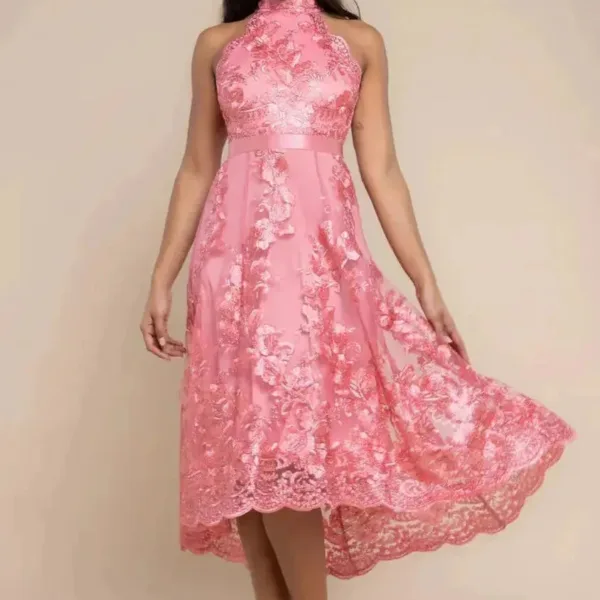 Halter Neck Lace High And Low Dress - Coral by Goddiva
