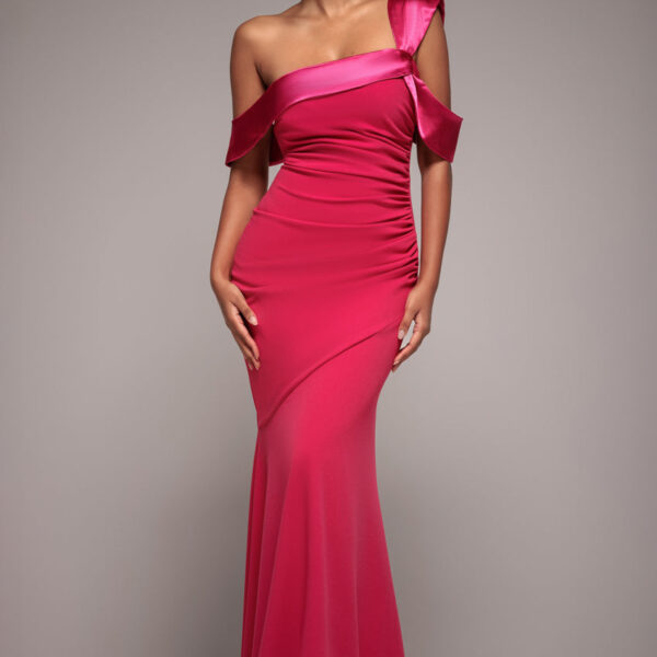 One Shoulder Satin Band Maxi Dress - Magenta by Goddiva