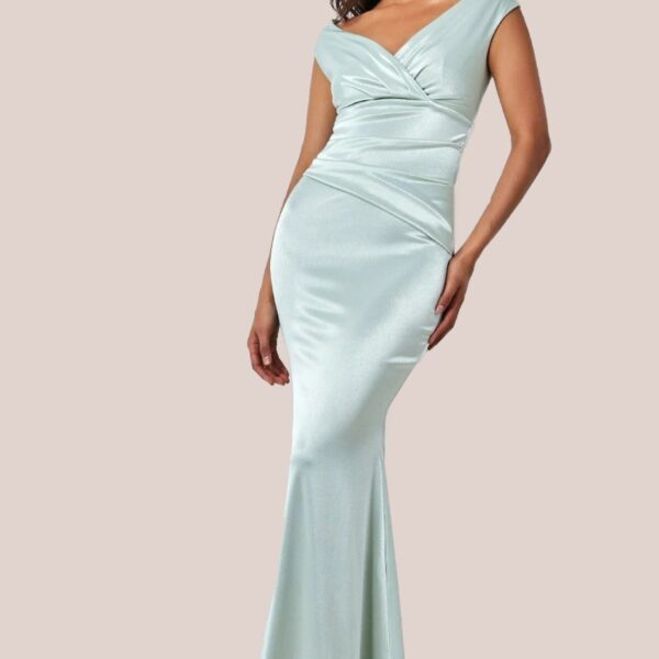 Satin Off The Shoulder Maxi Dress - Sage Green by Goddiva