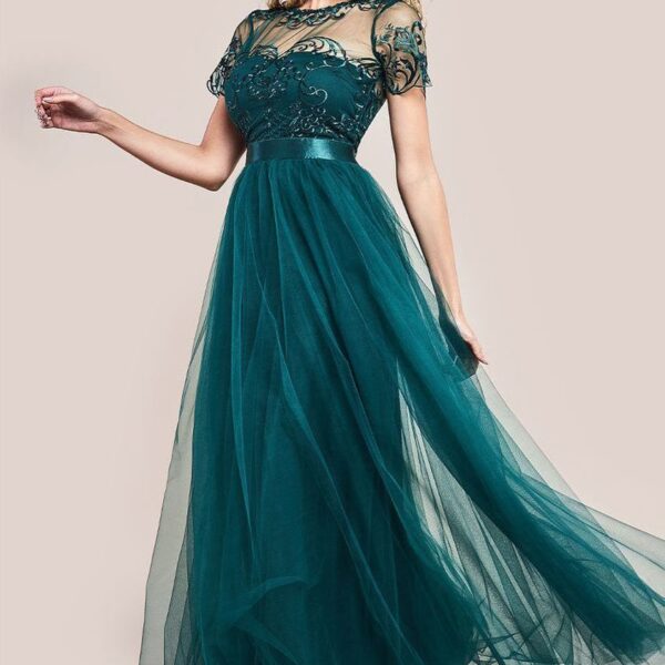 Embroidered Mesh Maxi Dress - Emerald Green by Goddiva