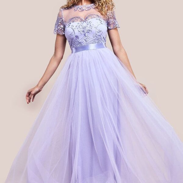Embroidered Mesh Maxi Dress - Lilac by Goddiva