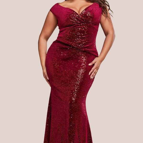 Sequin & Velvet Bardot Maxi Dress - Wine by Goddiva Plus