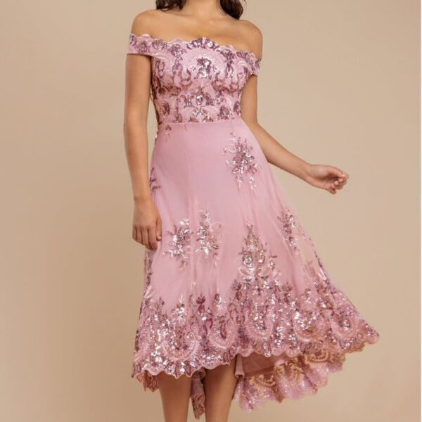 Bardot Sequin & Lace High Low Midi - Blush by Goddiva