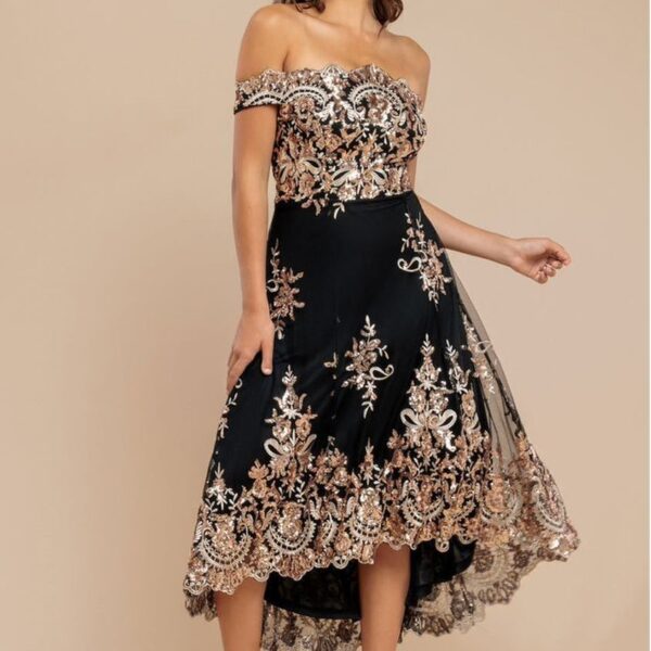 Bardot Sequin & Lace High Low Midi - Champagne by Goddiva