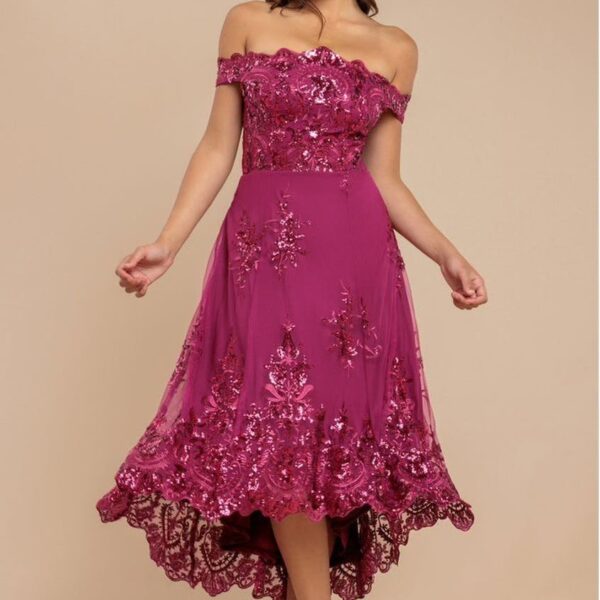 Bardot Sequin & Lace High Low Midi - Magenta by Goddiva