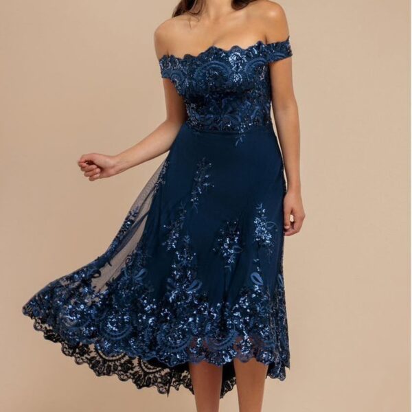 Bardot Sequin & Lace High Low Midi - Navy by Goddiva