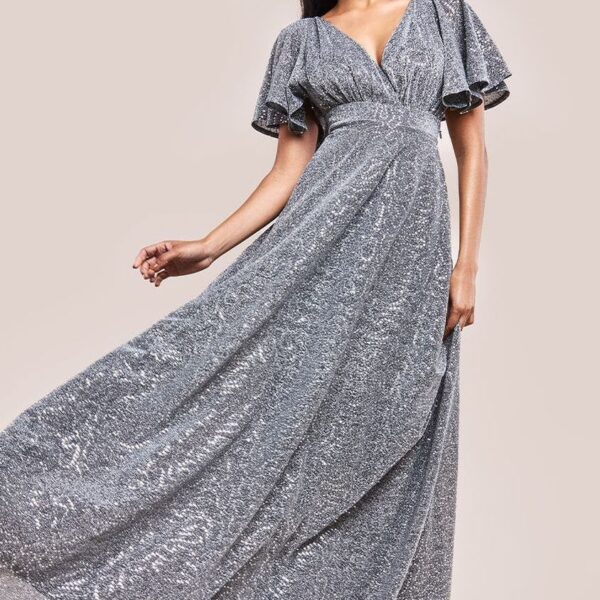 Sequin Lurex Flutter Sleeve Maxi Dress - Silver by Goddiva