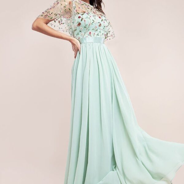 Embroidered Top Flutter Sleeve Maxi - Sage Green by Goddiva
