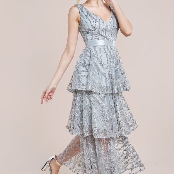 Embroidered Mesh Tiered Midi Dress - Grey by Goddiva