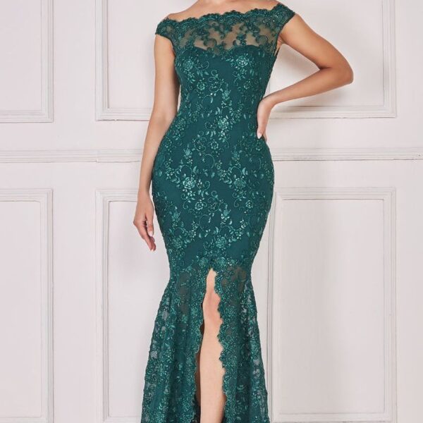 Lace Scallop Edge Mermaid Maxi Dress - Emerald Green by Goddiva