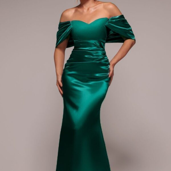 Off Shoulder Satin Maxi With V Neck - Emerald by Goddiva