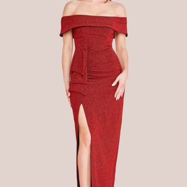 Sparkle Bardot Maxi With Waterfall Ruffle - Red by Goddiva