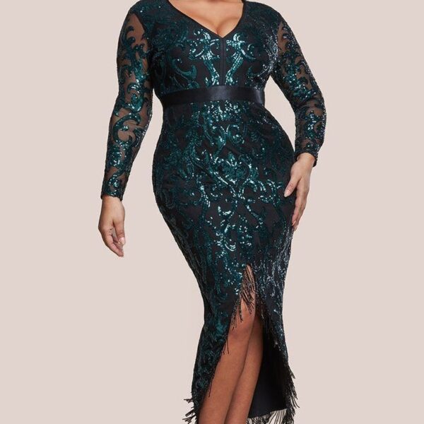 Tassel & Sequin Midaxi With Front Split - Emerald Green by Goddiva Plus