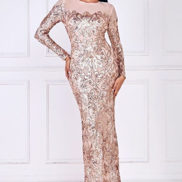 Floral Sequin Mesh Maxi - Champagne by Goddiva