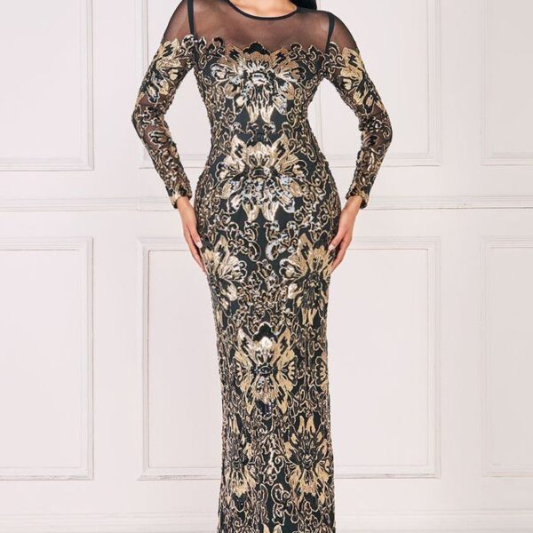 Floral Sequin Mesh Maxi - Gold by Goddiva