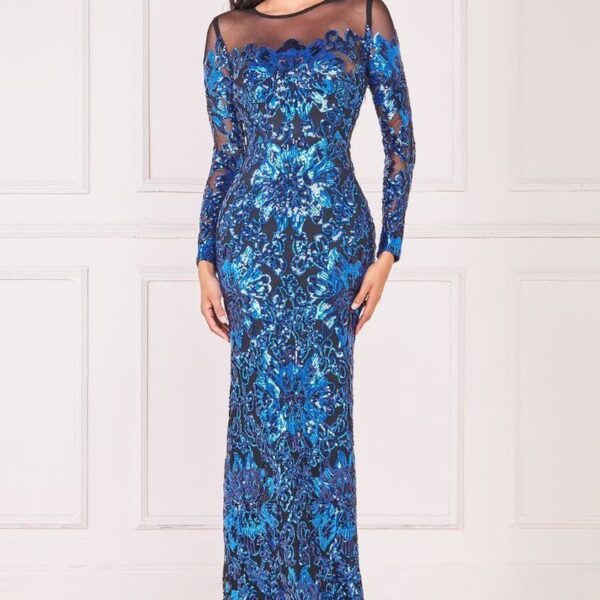 Floral Sequin Mesh Maxi - Navy by Goddiva