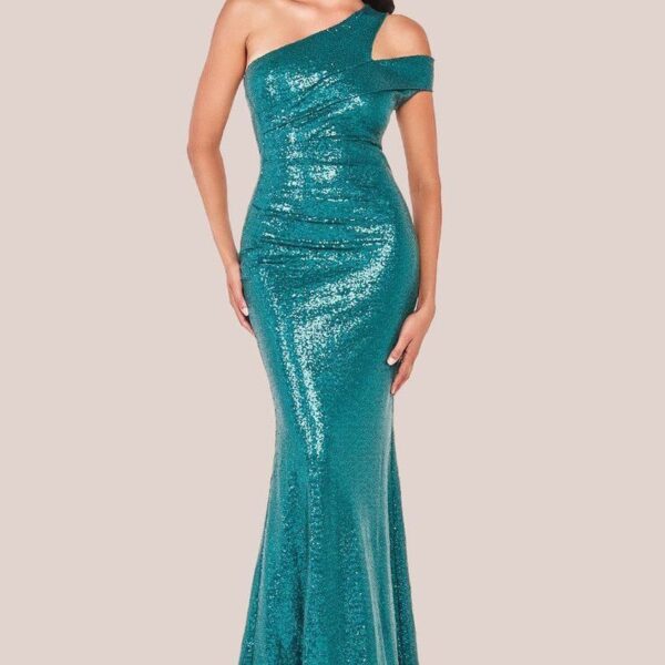 One Shoulder Sequin Evening Maxi - Emerald Green by Goddiva