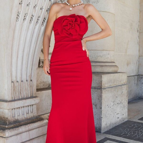Scuba Crepe Bandeau Rose Maxi Dress - Red by Goddiva