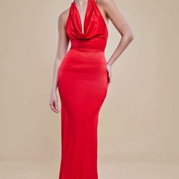 Halter Cowl Neck Back Maxi Dress - Red by Goddiva