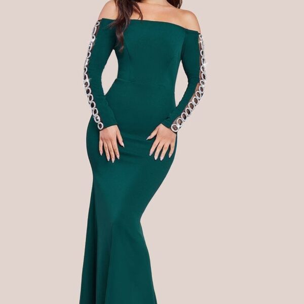 Embellished Diamante Sleeve Bardot Maxi Dress - Emerald Green by Goddiva