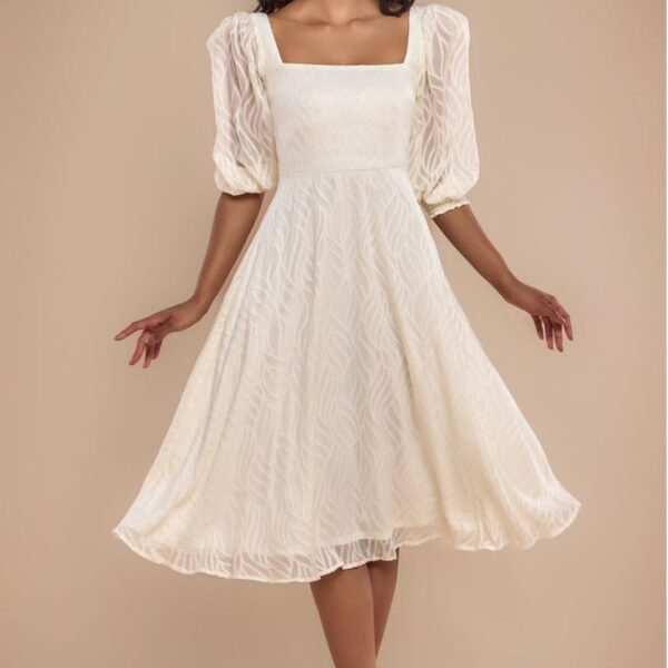 Puff Sleeve Side Slit Flared Jacquard Chiffon Midi Dress - Cream by Goddiva