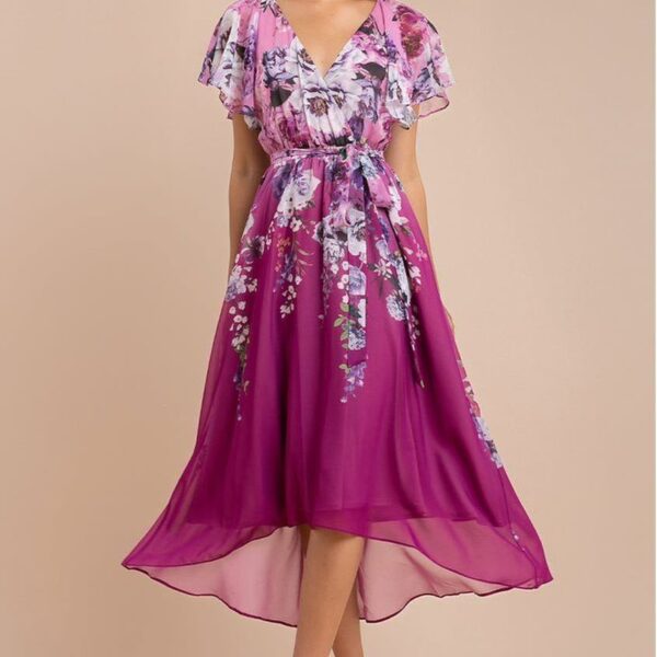 Flutter Sleeve A-Line Chiffon Floral Printed Midi Dress - Magenta by Goddiva