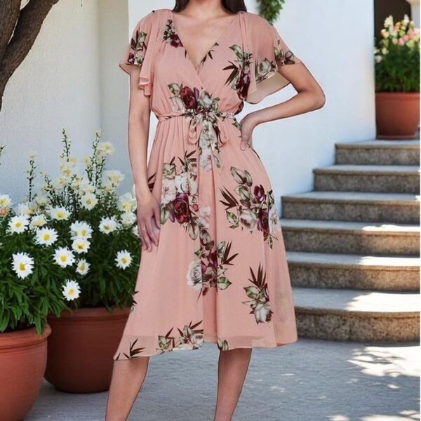 Floral Printed Flutter Sleeve Chiffon Midi Dress - Peach by Goddiva