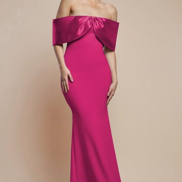 Twist Knot Satin & Scuba Bardot Maxi Dress - Magenta by Goddiva
