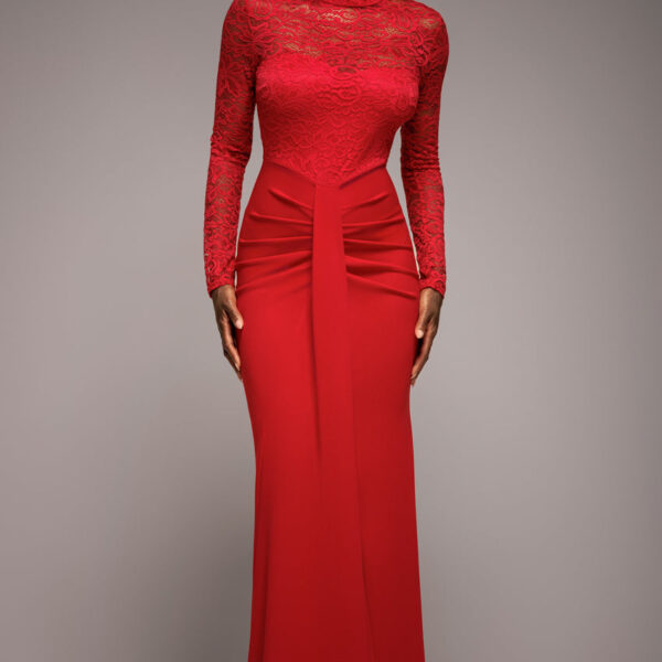 Lace High Neck Sheer Bodice Long Sleeve Maxi Dress - Red by Goddiva