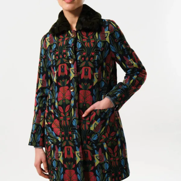 Dryden Folk Jacquard Fur Collared Coat