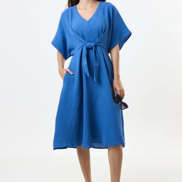 Elody Double Gauze Tie Waist Midi Dress - Blue