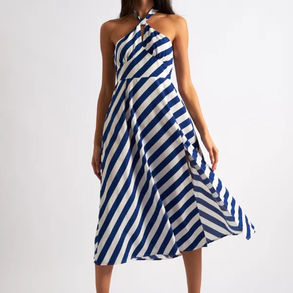 Geri Diagonal Lines Print Halter Midi Dress - Blue